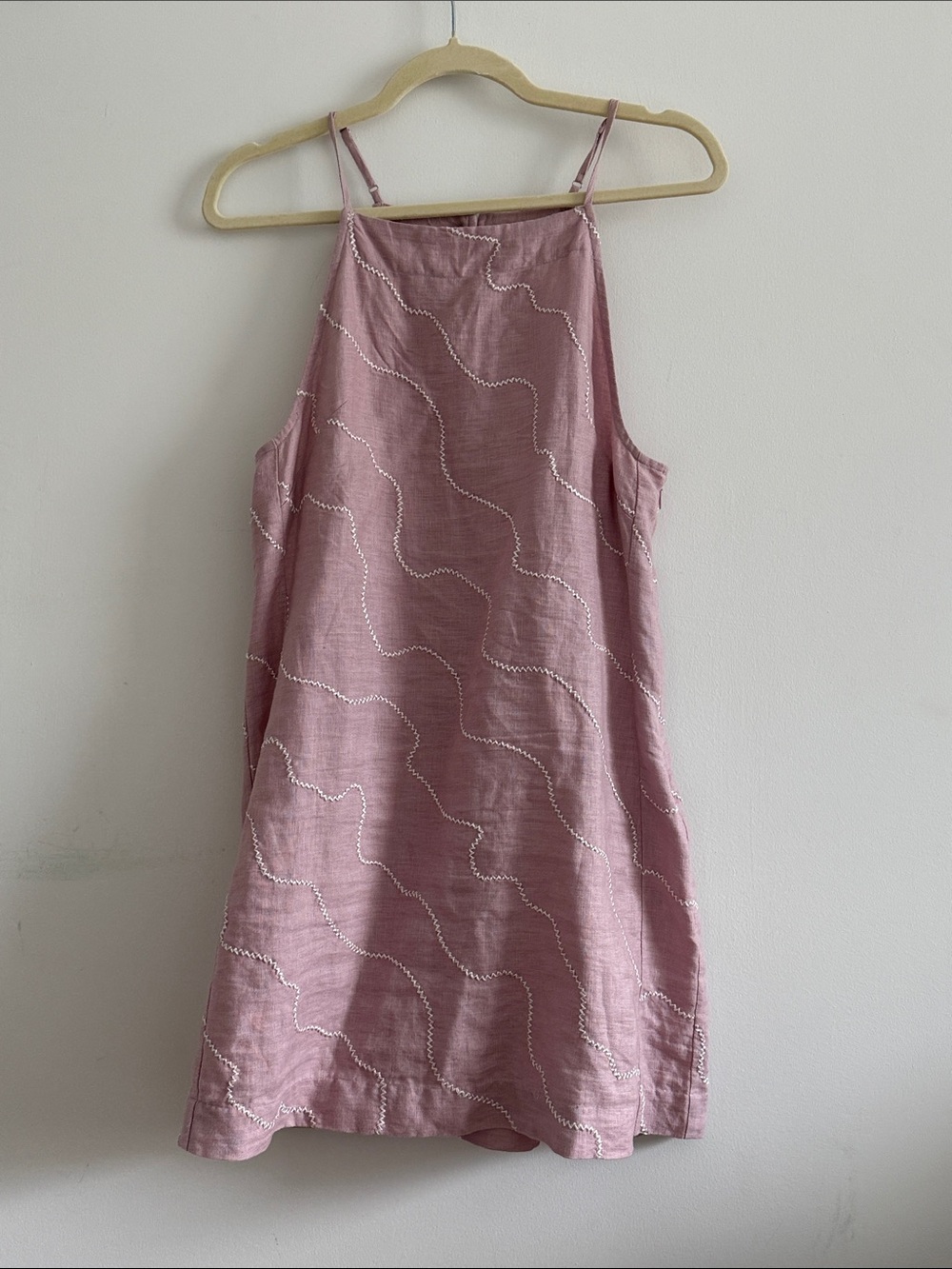 Sleeveless Pink Linen Embroidered Shift Dress